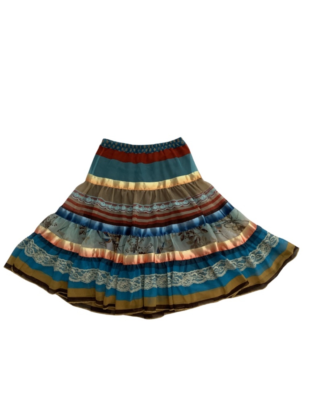 Boho Girls Tiered Striped Blue & Brown Skirt with Lace Trim Girls XS 4/5